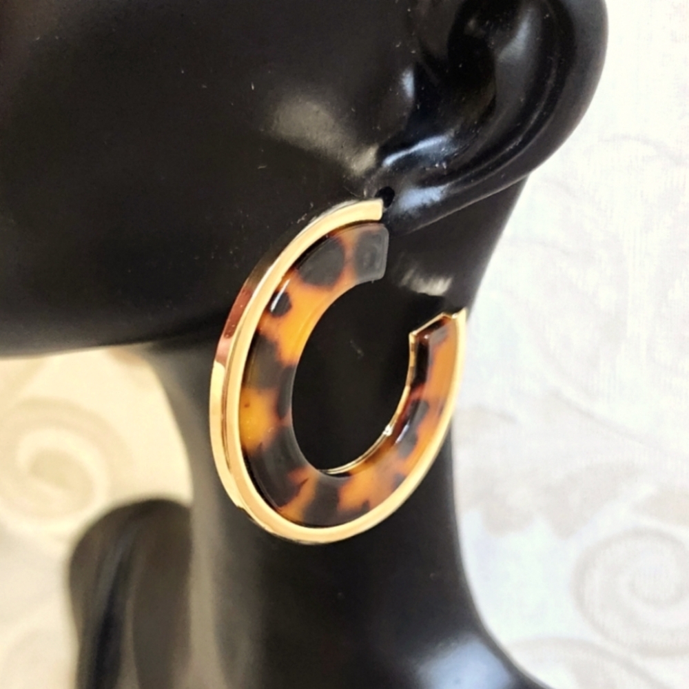 Vintage 80's Large Tortoise Gold Tone Combo Hoops Earrings